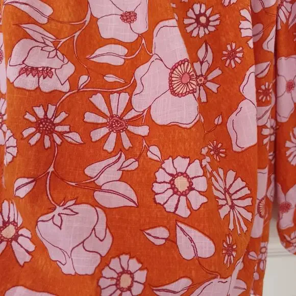Free People Orange Pink Floral Off Shoulder Peasant Top L EC - Picture 9 of 10